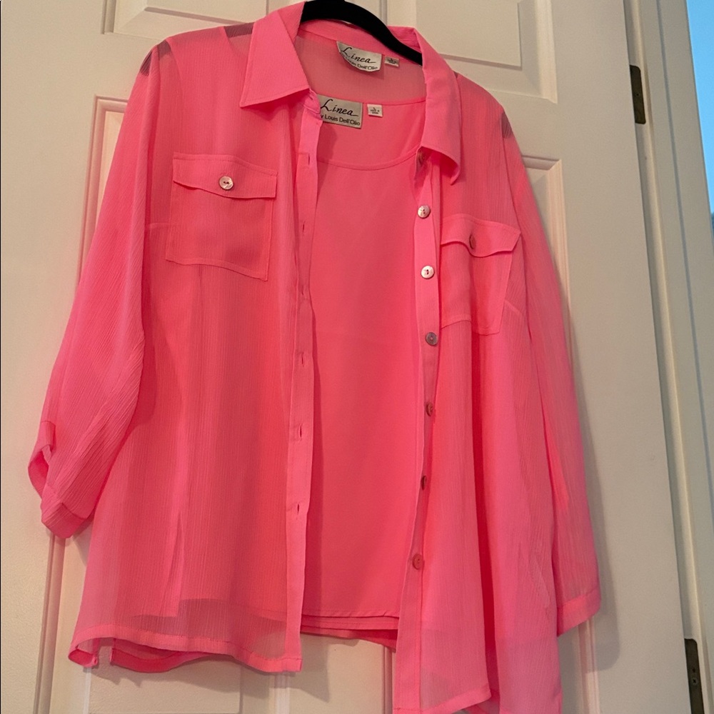 Linea by Louis Dell'Olio Vibrant Pink silk camisole with sheer over shirt.